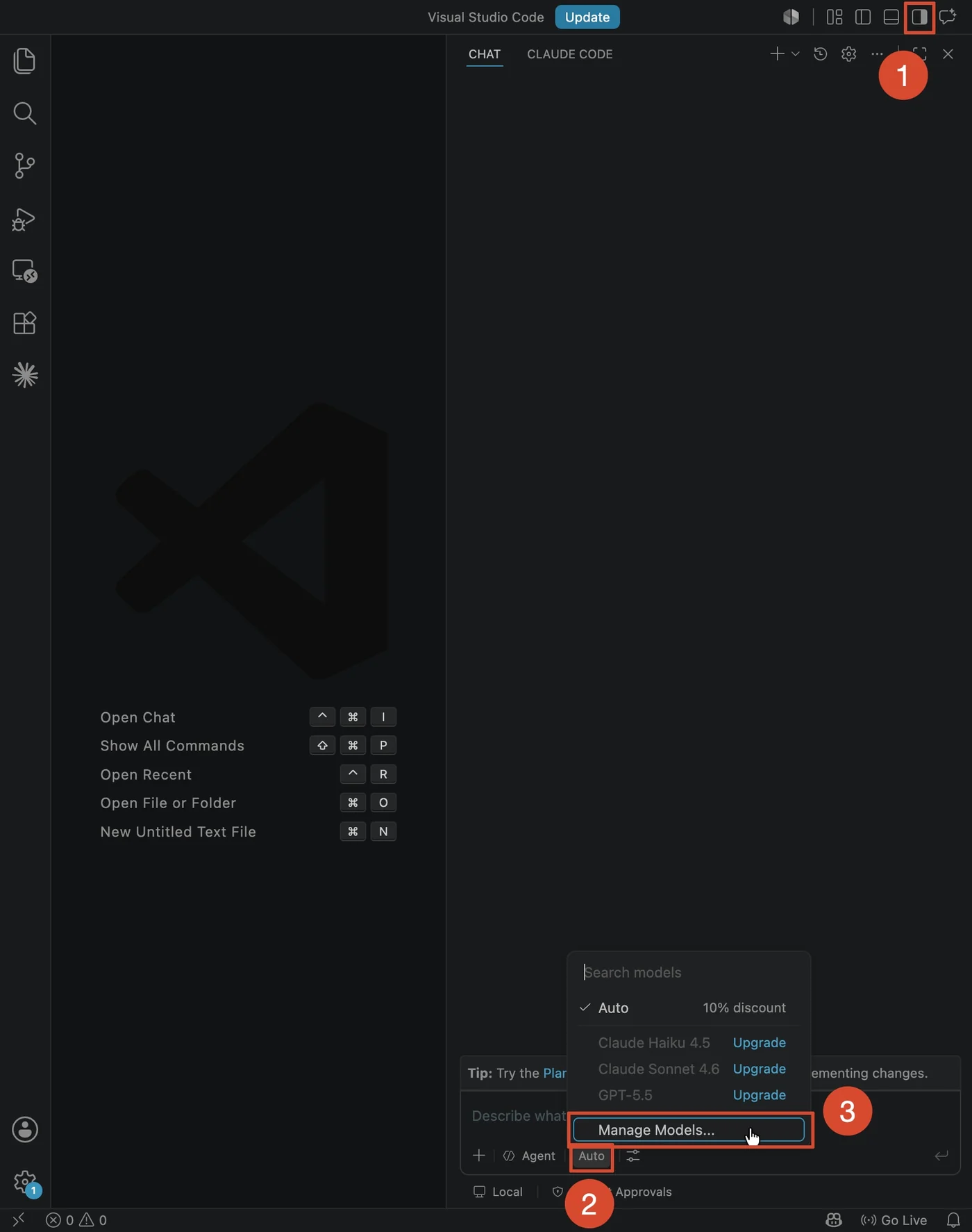Copilot Chat 面板中打开模型选择器并进入 Manage Models